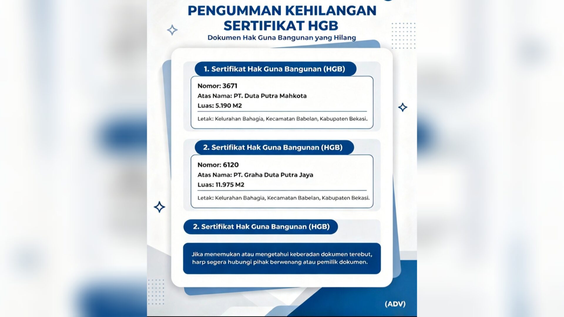 BERITA KEHILANGAN DOKUMEN HGB (HAK GUNA BANGUNAN)